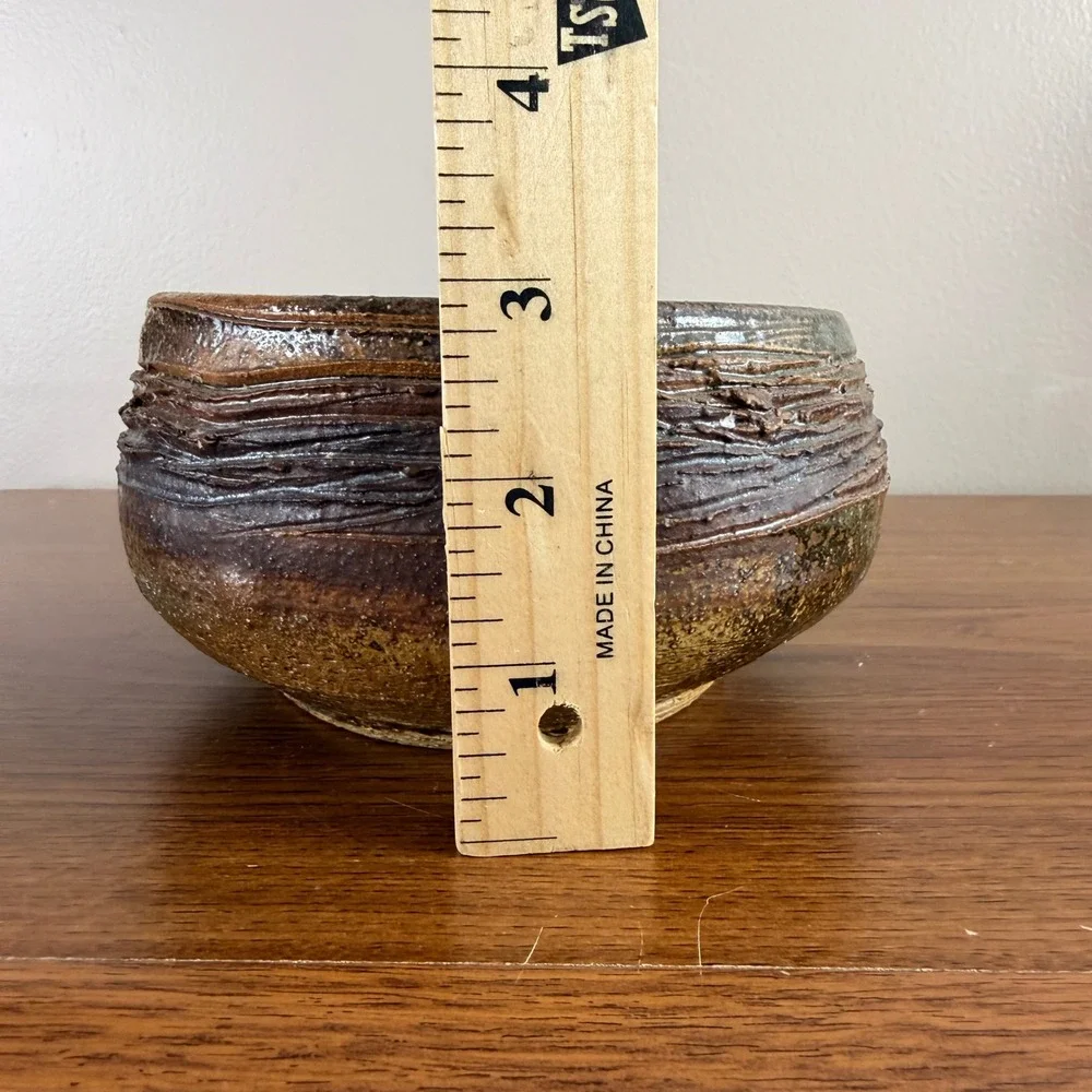 Signed Studio Art Pottery Bowl Rustic Hand Thrown Brown Green Stoneware 6 Inch